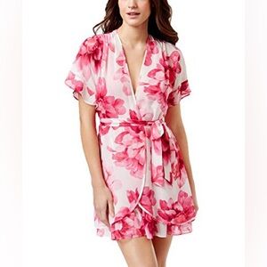 Linea Donatella Pink Floral Tie Waist Ruffle Sleeve Knee Length Robe
